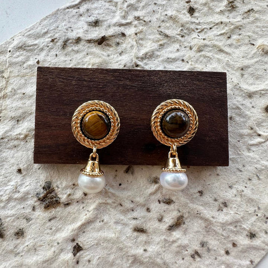 Natural Tiger's Eye Gemstone&Pearl Earrings