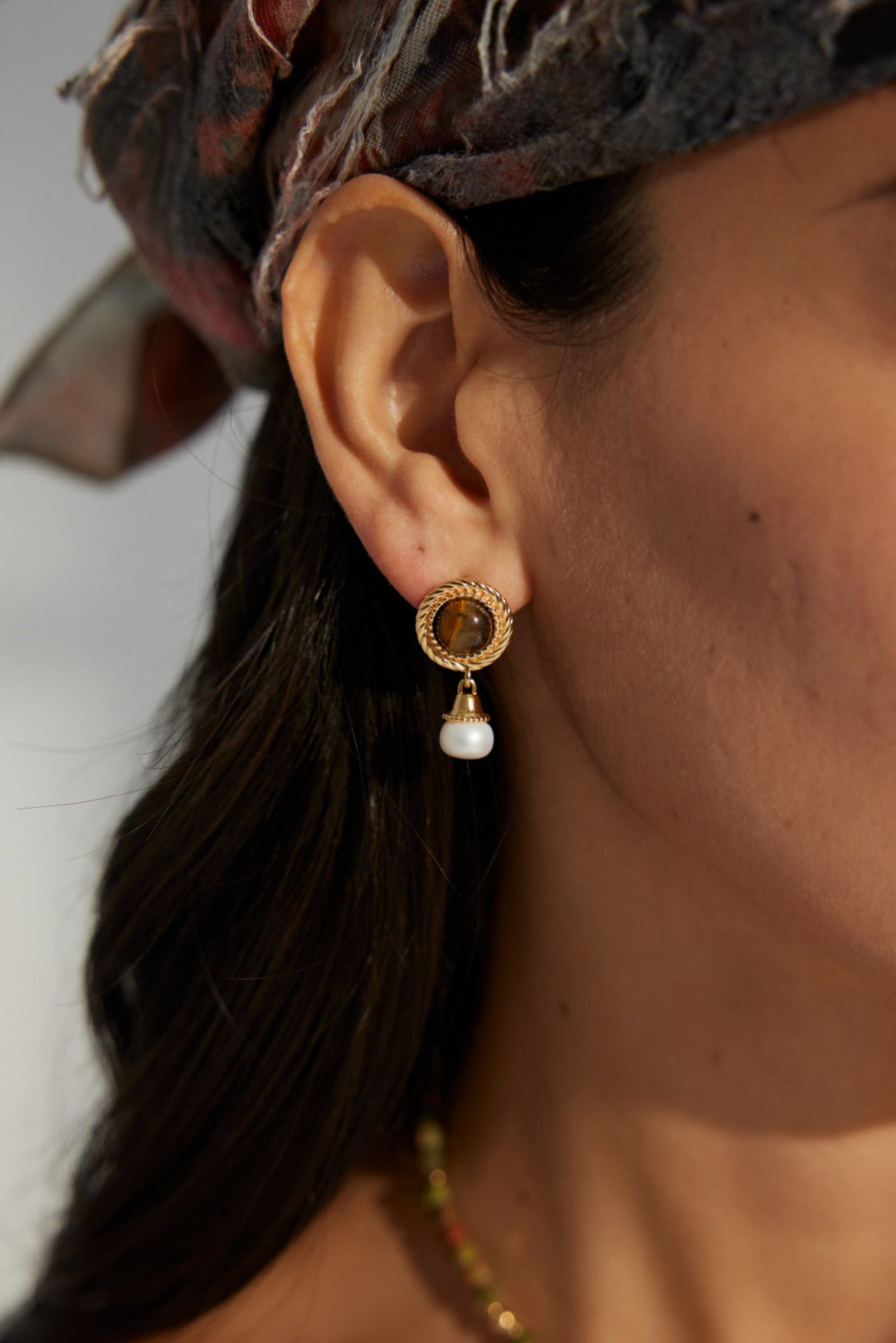 Natural Tiger's Eye Gemstone&Pearl Earrings